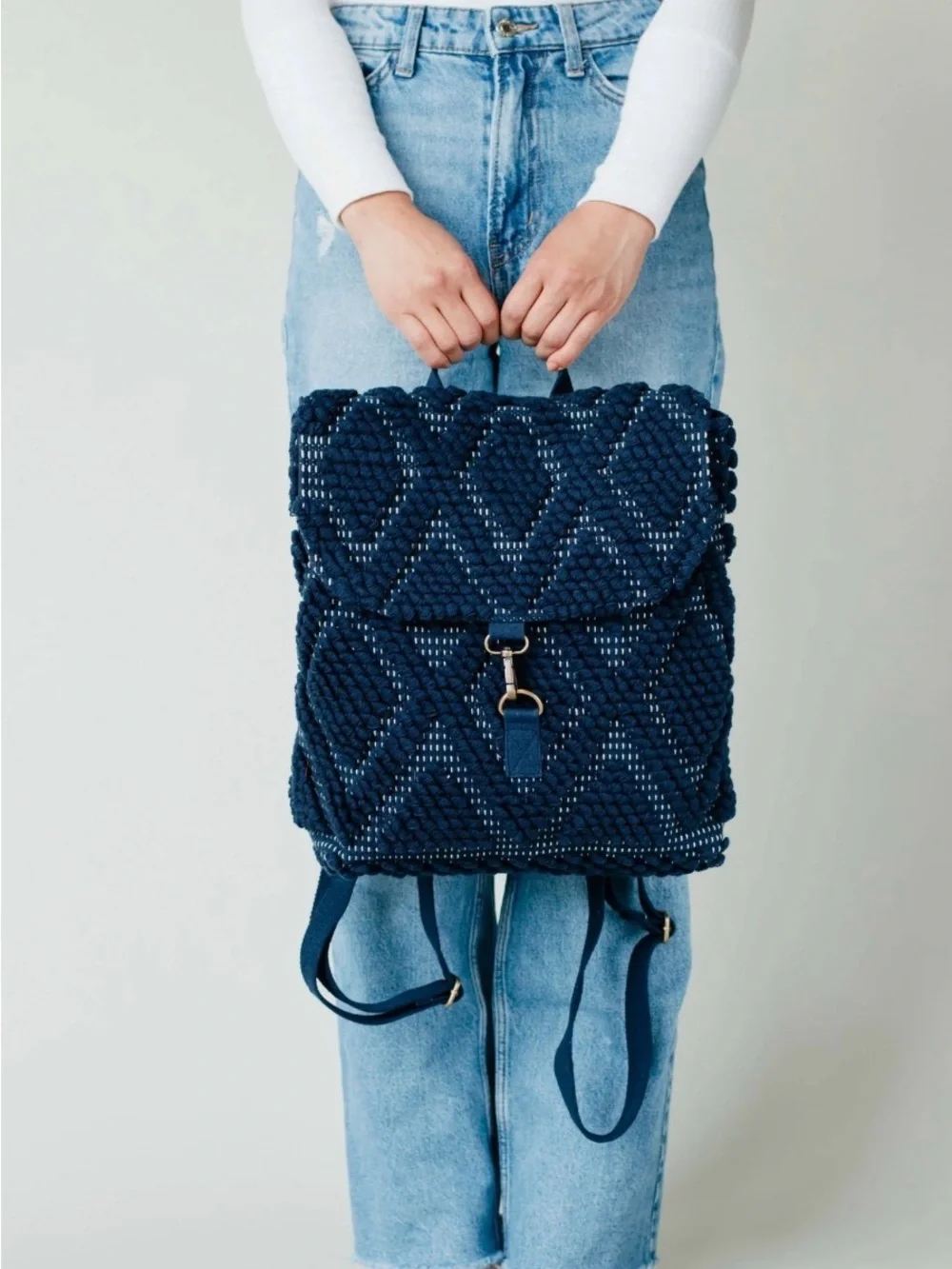 Panache Navy Diamond Pattern Woven Textured Backpack